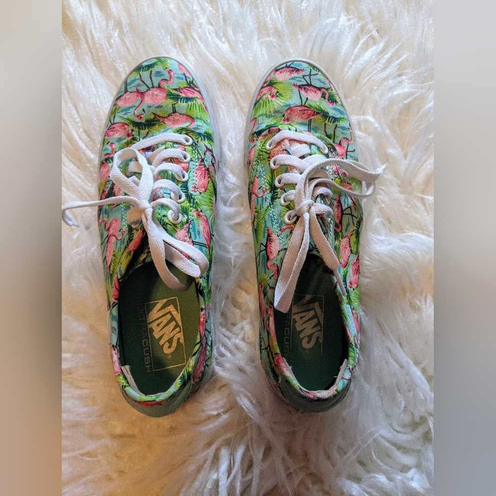Vans Flamingo Print Low Top Canvas Sneakers Green and Pink sz 8.5